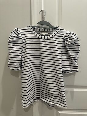 English Factory White Black Striped Puff Sleeve Tee